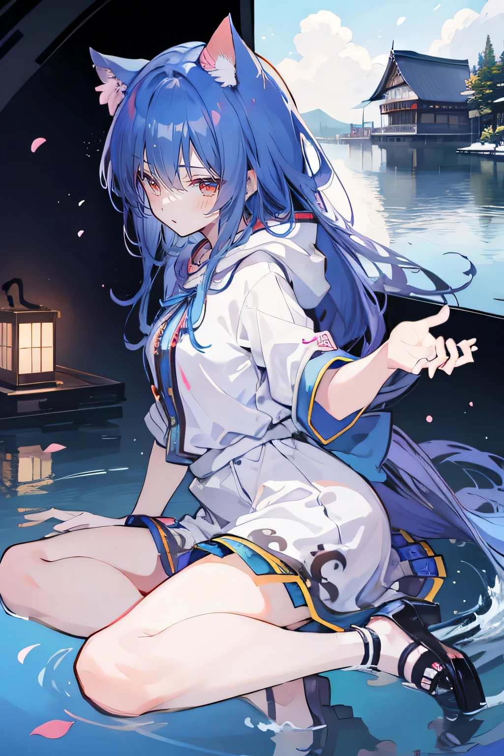 (masterpiece:1.2),Super detailed,lifelike,Expressive eyes,fair skin,perfect face shape,1 girl,
Japanese comics,Gorgeous blue hair,flowing blue hair,flowing clothes,Cat ears,Petals fall,beautiful lola,Baby Angel,
Shaking head with one hand,Cross your legs,Gentle and peaceful background,The pavilion is cool and comfortable,smile, wearing hoodie, background of tokyo,back views,snowing, winter,lie on the water.
