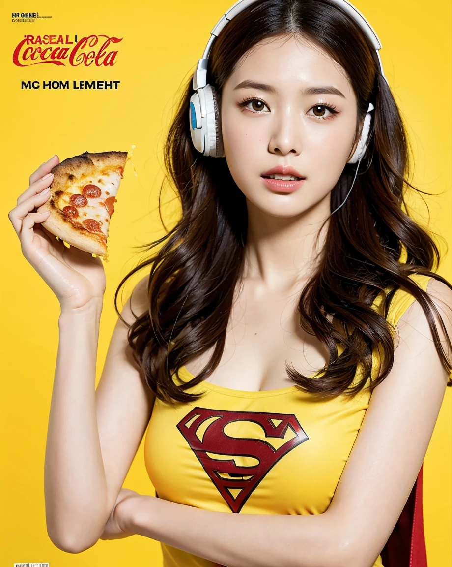 Realistic, 8K, masterpiece, RAW Photos, Highest quality, Realistic, 非常に詳細な CG Unity 8K 壁紙, Written boundary depth, Cinematic Light, Lens flare, Ray Tracing, Perfect lighting,short hair, (Delicate skin), (Delicate face), (Pop Background :1.1), Person standing and watching、Comical movement,1 female,Supergirl Costume、Headphones,(Yellow background),Modern Style,Artistic,Moving configuration,Unique Pattern,Bold Texture,colorful,Imaginative,Whimsical,Vibrant,like々Shii,Playful,Vibrant,creative,Expressive,stylish,tendency,One Girl,Eating pizza、Coca-Cola Poster、Lemon on the background