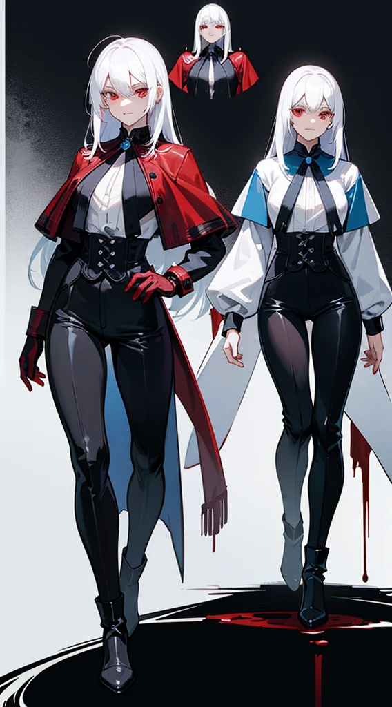 character sheet, character design, multiple angles, full body, beautiful woman, white hair, long straight hair, ((crew cut: 1)), red eyes, fair skin, ((muscular: 1)), female, 28 years old Wearing a black blouse with blue details, leather shawl , black pants, black boots, winter queen, vampire, blood control, blood, blood sphere, bloodstain, blood powers ice in the background, fog, ice ball, ice powers