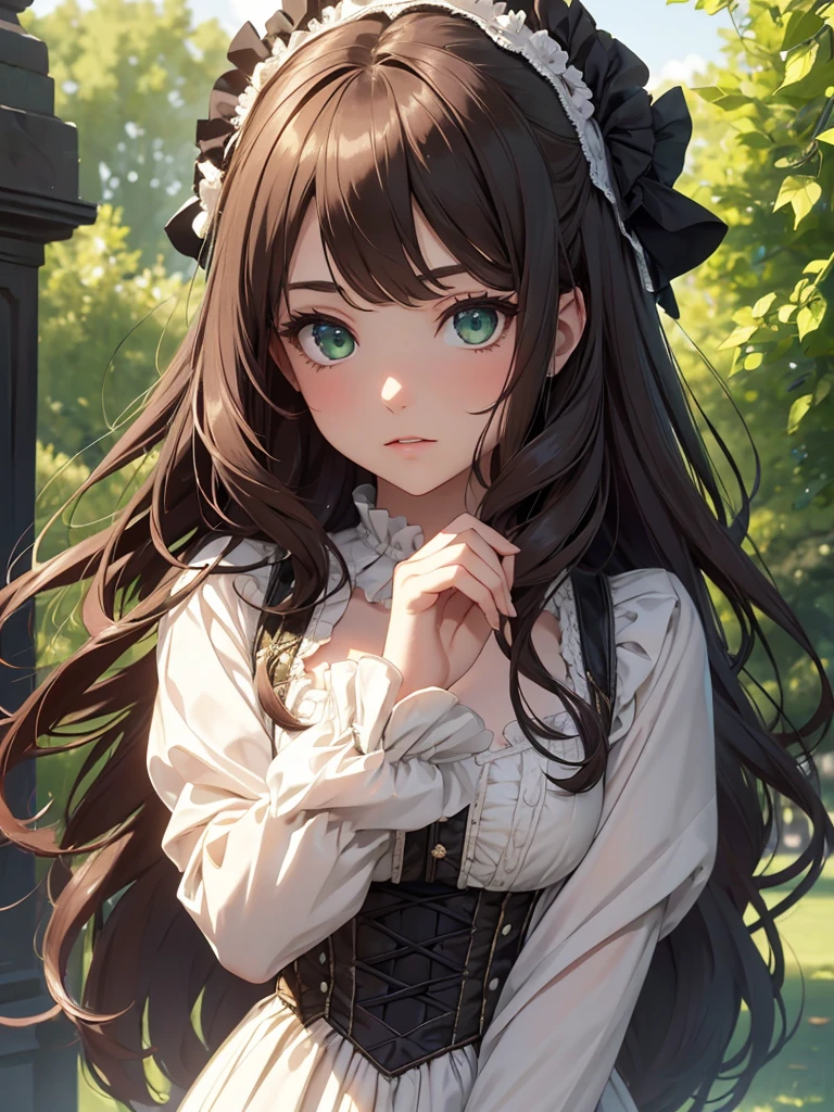 (8K, Best Quality, Masterpiece, Ultra High Resolution) 1 Girl, Woman, Beautiful Eyes, Face Details, Brunette Hair, Long Hair, Flowy Hair, Green Eyes, Pale Skin, Victorian Dress, Victorian Maiden, Victorian Details, Outside, Victorian Village, Best Quality, Upper Body, Looking at the Viewer, Facing Viewer, Close Up