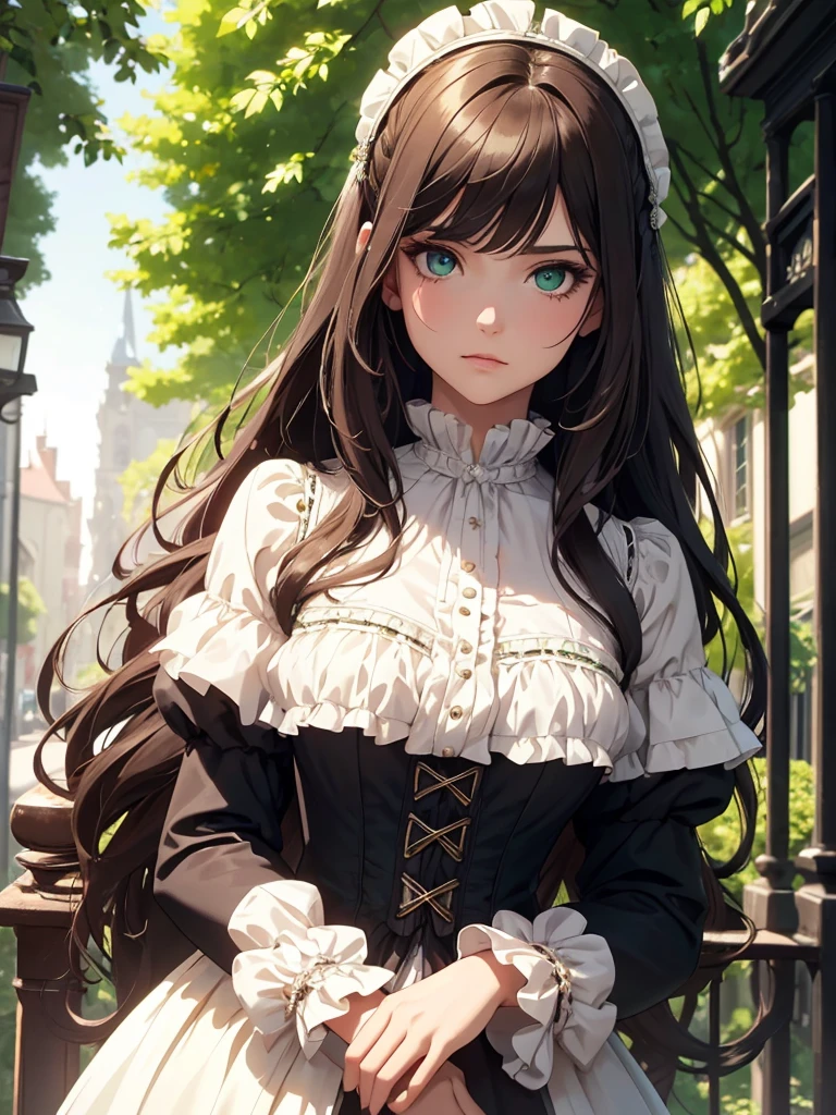 (8K, Best Quality, Masterpiece, Ultra High Resolution) 1 Girl, Woman, Beautiful Eyes, Face Details, Brunette Hair, Long Hair, Flowy Hair, Green Eyes, Pale Skin, Victorian Dress, Victorian Maiden, Victorian Details, Outside, Victorian Village, Best Quality, Upper Body, Looking at the Viewer, Facing Viewer, Close Up