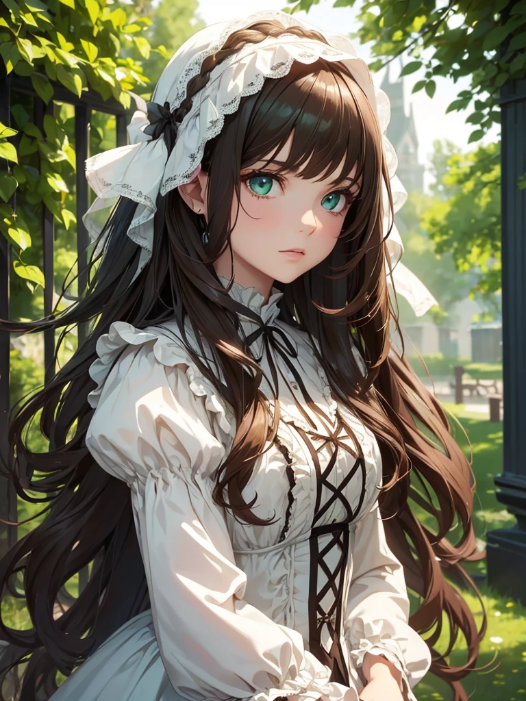 (8K, Best Quality, Masterpiece, Ultra High Resolution) 1 Girl, Woman, Beautiful Eyes, Face Details, Brunette Hair, Long Hair, Flowy Hair, Green Eyes, Pale Skin, Victorian Dress, Victorian Maiden, Victorian Details, Outside, Victorian Village, Best Quality, Upper Body, Looking at the Viewer, Facing Viewer, Close Up