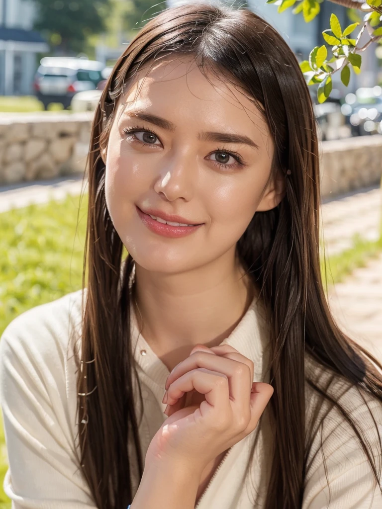 rie,One Woman,(best quality), (ultra detailed), (absolutely resolution), (the body is moist:1.2),Face is front,Highly revealing, 20-year-old, Taunt, (High cut leg swimsuit), The colour of the swimsuit is green, The swimsuit has a dot pattern, Brown Hair, smile, A clear river where you can see fish