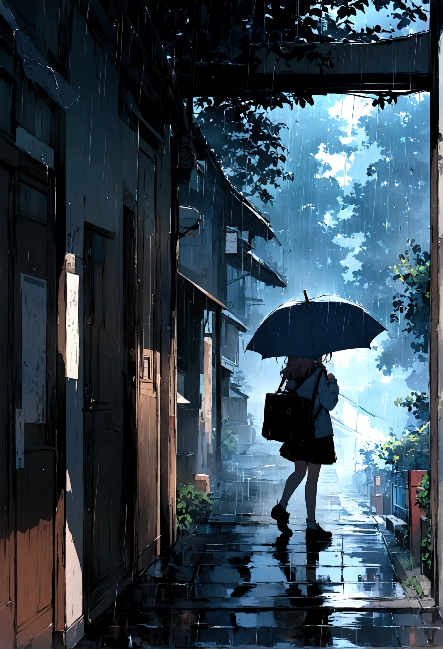 A girl going to school while it rains 