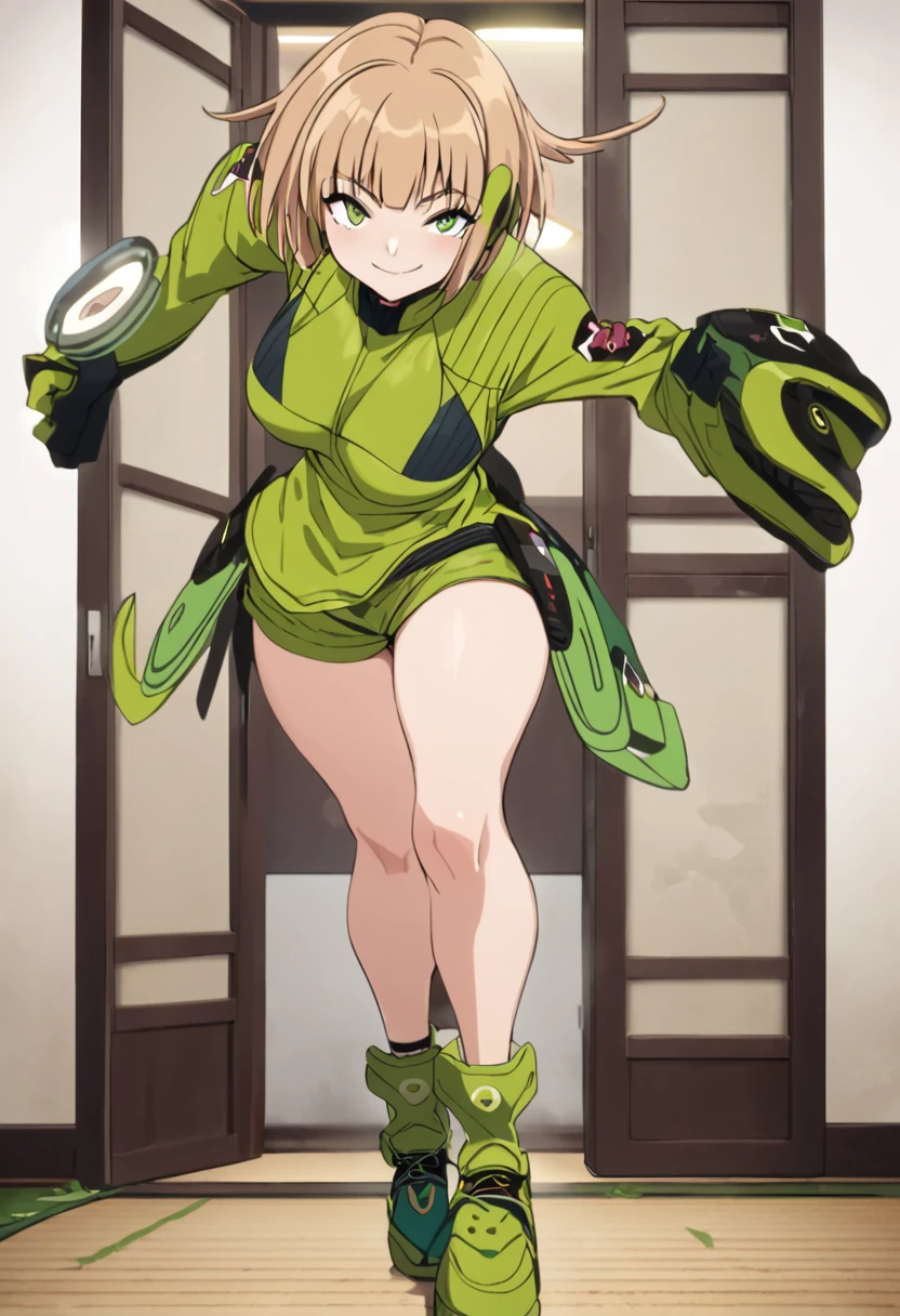 ,One girl,smile, View your viewers, masterpiece,Highest quality,Konam,green jacket, gloves, green shorts,green footwear,