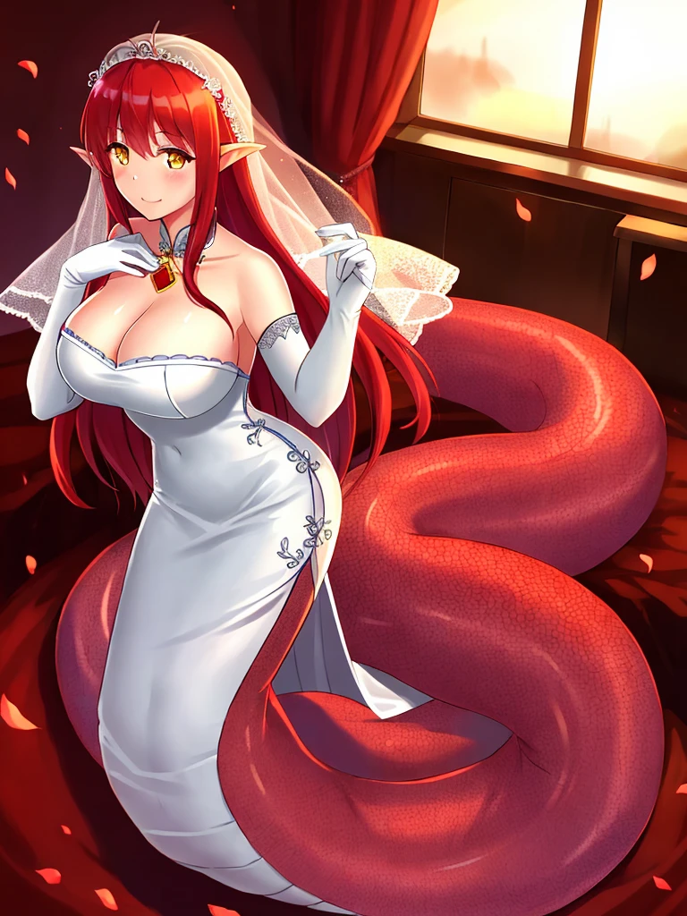 1girl, red lamia, scales, tail, full body, smile, long hair, red hair, yellow eyes, blush, happy face, bedroom, wedding dress, chinese girl, mature female, huge breasts, elbow gloves, white gloves,