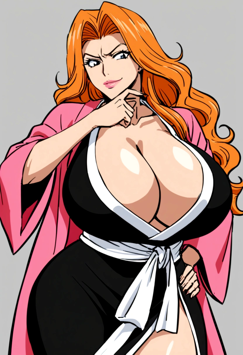 Generate an anime-style image of Rangiku Matsumoto from Bleach. She is a tall, confident woman with long, orange hair styled in loose waves. She wears a traditional Soul Reaper (Shinigami) uniform consisting of a black kimono with a deep neckline, tied with a white sash at the waist. Over the kimono, she has a pink sleeveless haori draped casually over her shoulders. Rangiku is carrying a katana at her side. Her pose is relaxed, with one hand resting on her hip and the other raised to touch her chin thoughtfully. Her expression is calm and slightly amused, capturing her laid-back yet sharp personality, with super curvy figure, super enormous breasts which is making her struggle to stand, with big butt 