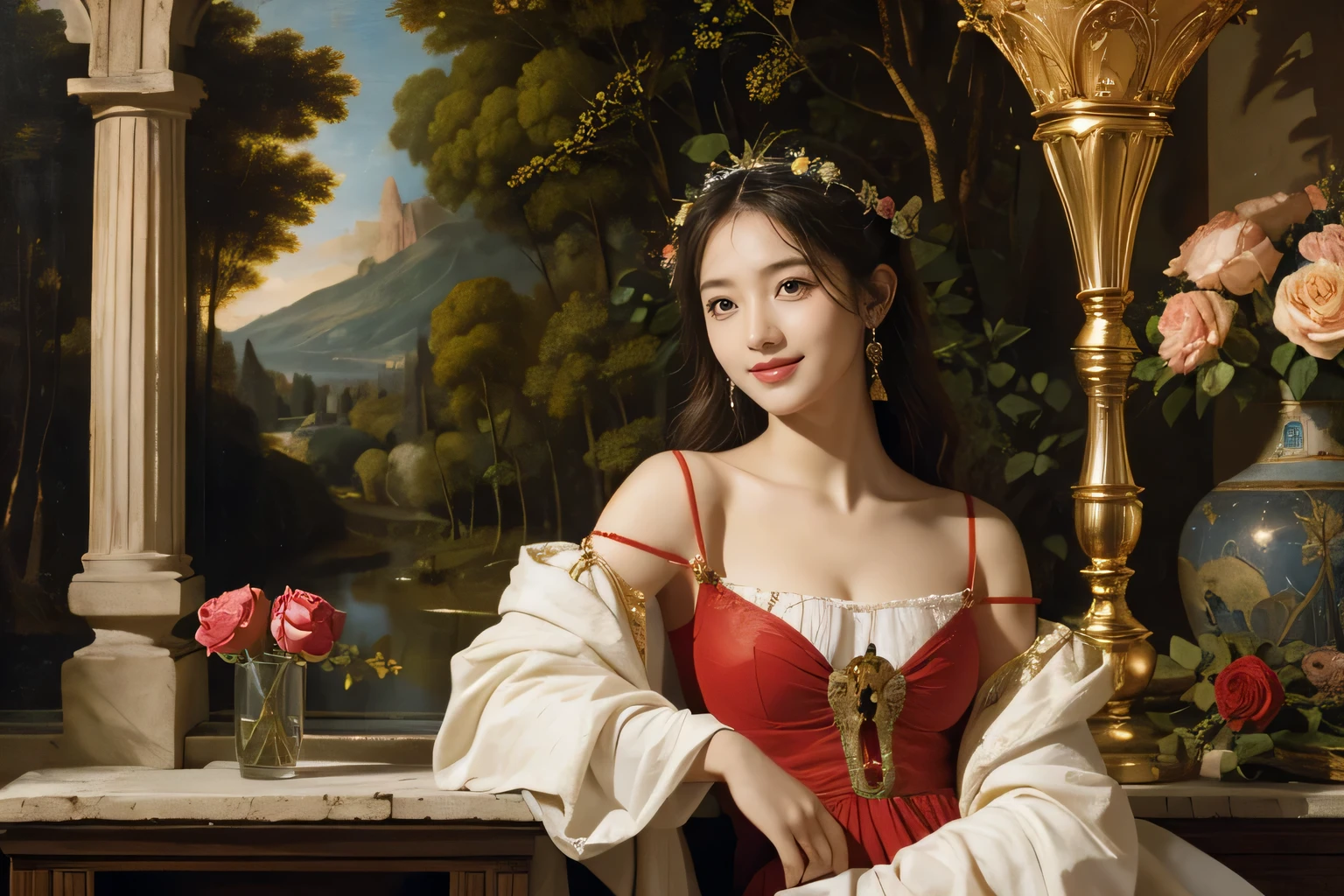 Giorgione painting style,Arguments of two female Philosophe,math、astronomical machine、astronaut、roses in vase、fruits、Cute trinkets、smile、ancient greek costume、Background is a forest lake at night 、Clothes that stretch your shoulders、A big smile