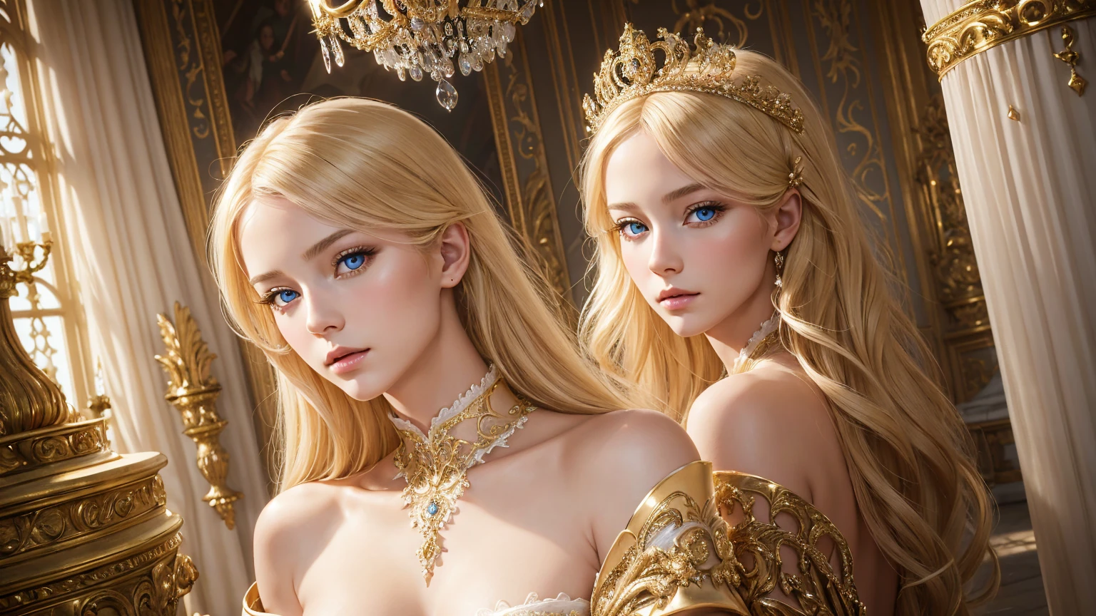 hyper realistic photo,blonde woman, wearing transparent baroque costume. professionally retouched, soft lighting, realist, soft face, Perfect eyes, sharp focus on eyes, 8 thousand, High Definition, incredibly detailed, intricate, elegant. be at the bottom of the Palace of Versailles.
