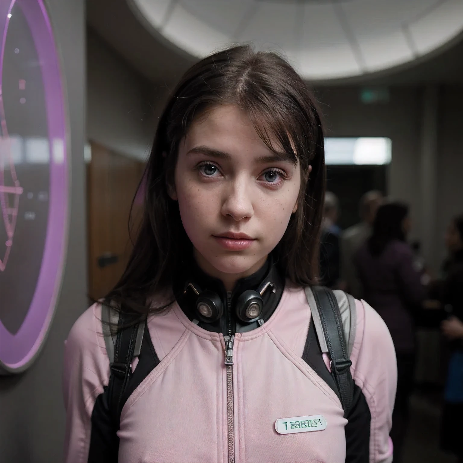 Photo of a college student, Purple Pink, Futuristic space suit, (freckle:0.8) Cute face, Science Fiction, Dystopia, Delicate eyes, Green pupils（（side view））