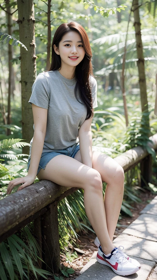 masterpiece, best quality, Surreal, Ultra Detailed, 8k resolution, RAW photos, Clear focus, (A girl in the forest), ((light gray shirt:1.1)), Short sleeve, sports Shorts,Full body posture, Solitary, Perfect body, Become a, 32 inches in the chest,(a charming smile:1), (sexy pose),26 years old, light,White shoes
