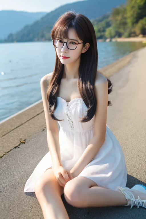 Highest quality、masterpiece、High sensitivity、High resolution、Detailed Description、One Woman、Slim Body、Glasses、On the shores of the lake、Sit on the ground、