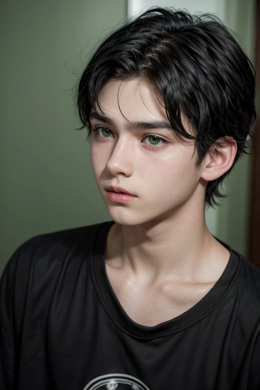 15 year old boy with black hair and green eyes