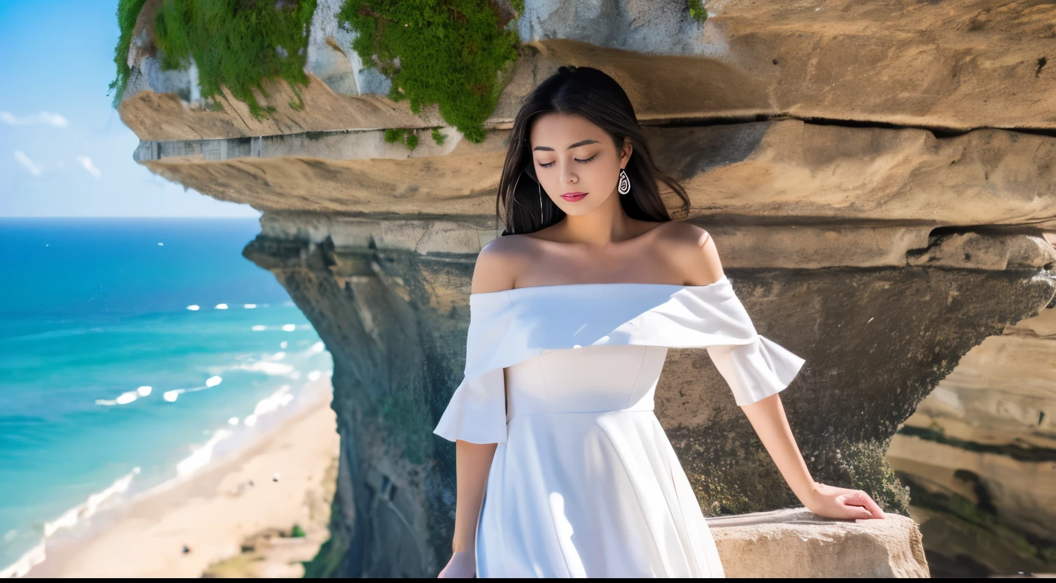 top-quality、beautiful japanese female、Superb view、on a cliff、off-shoulder:1.2、white tight dress:1.2、huge tit、The wind is blowing