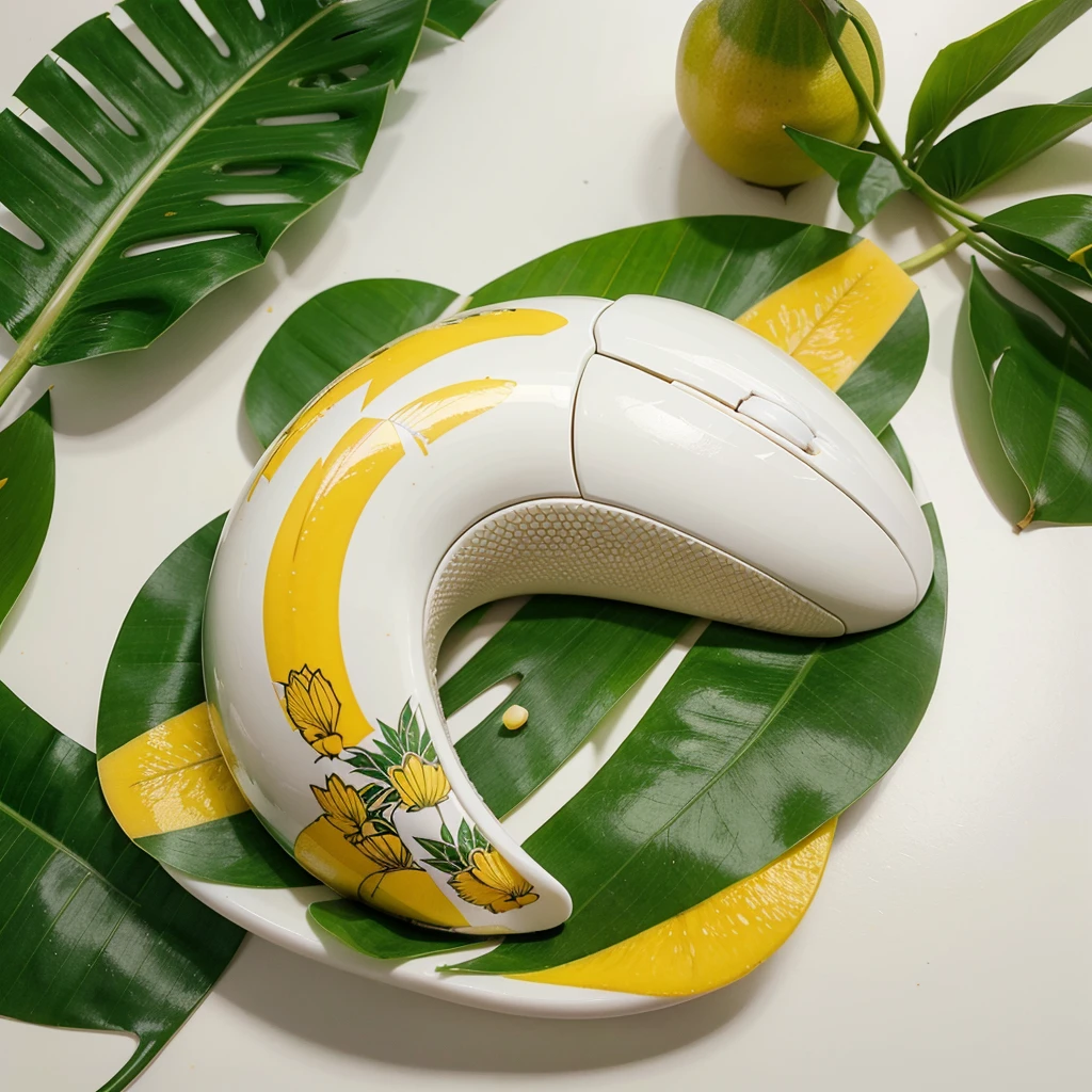 computer mouse Screen printed with a Thai food pattern, namely mango sticky rice, highlighted in yellow., white,and green, mouse placed on green banana leaf, minimalist image. Only 1 object.