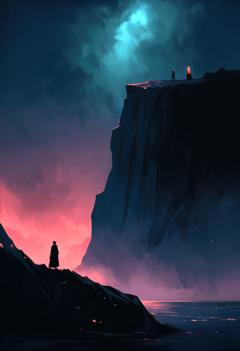 Make a character on a cliff something deep and kind of sad darkness