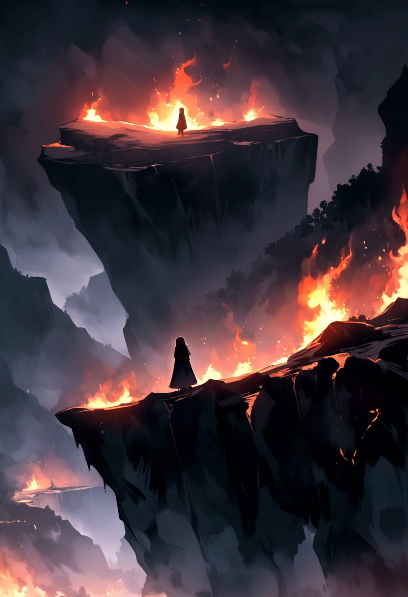 Make a character on a cliff something deep and kind of sad darkness