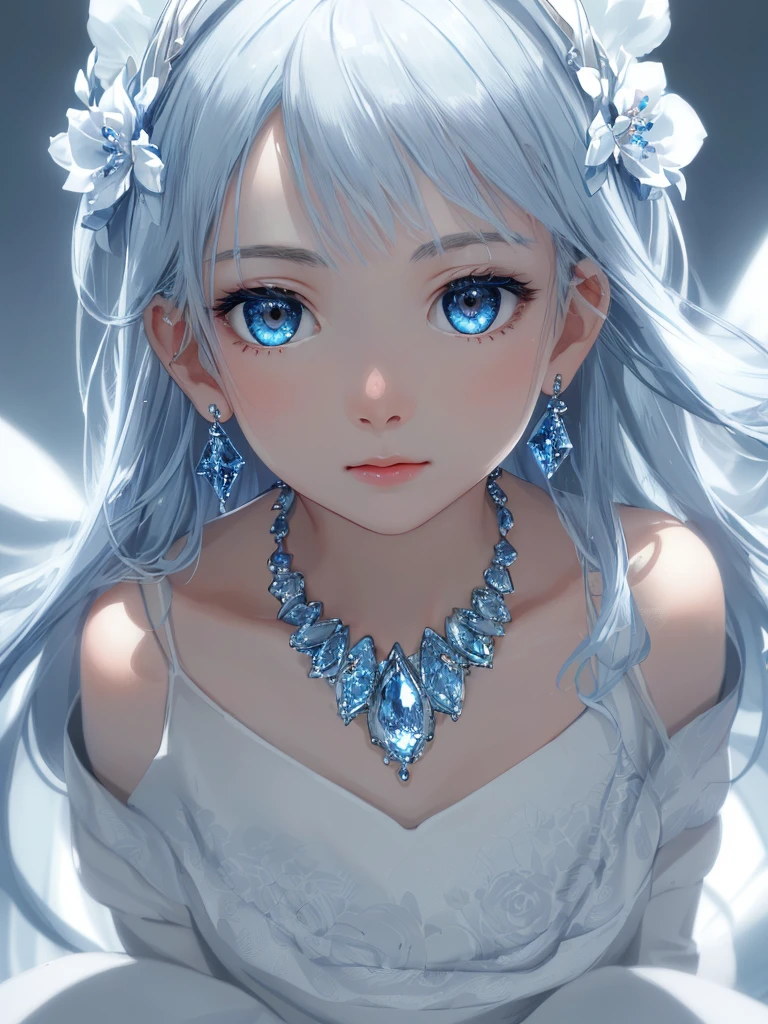 masterpiece, best quality, illustration, sax blue, platinum earrings, platinum necklace, white dress, 1girl, cute, (dynamic lighting:1.2), cinematic lighting, delicate facial features, detailed eyes, sharp pupils, realistic pupils, depth of field, bokeh, sharp focus, (hyper-detailed, bloom, glow:1.4), many small gems,