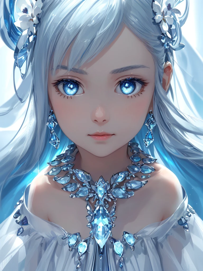 masterpiece, best quality, illustration, sax blue, platinum earrings, platinum necklace, white dress, 1girl, cute, (dynamic lighting:1.2), cinematic lighting, delicate facial features, detailed eyes, sharp pupils, realistic pupils, depth of field, bokeh, sharp focus, (hyper-detailed, bloom, glow:1.4), many small gems,