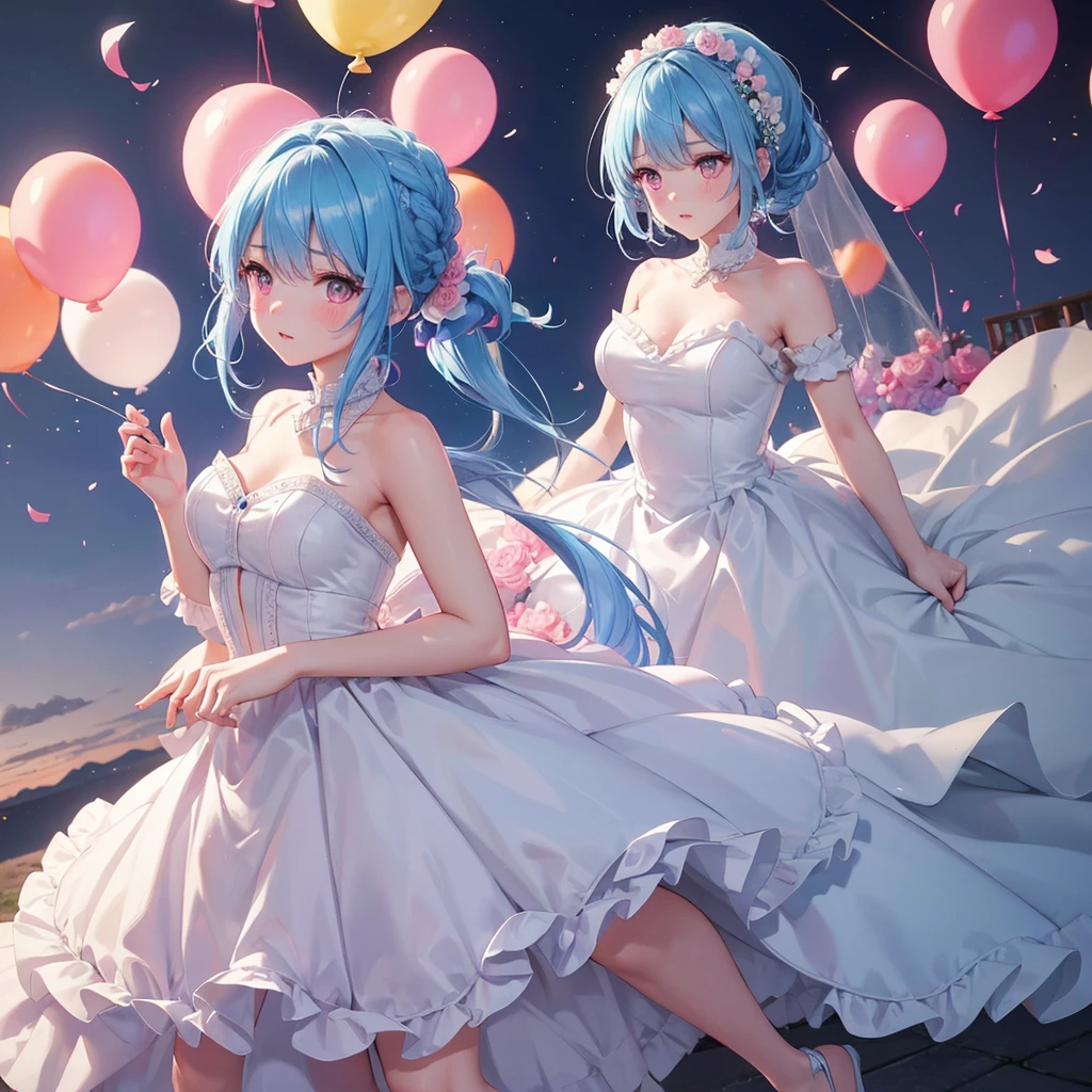 sky Blue hair, (braided ponytail),(pink eyes),fair skin ,(full body),(1 girl),bride,blush,Straight Bangs, June Bride,Wedding dress,(masterpiece, best quality, ultra-detailed, best shadow), (detailed background), (beautiful detailed face), high contrast, (best illumination, an extremely delicate and beautiful), ((cinematic light)), colorful, hyper detail, dramatic light, intricate details,Wedding hall, Balloons flying in the sky,