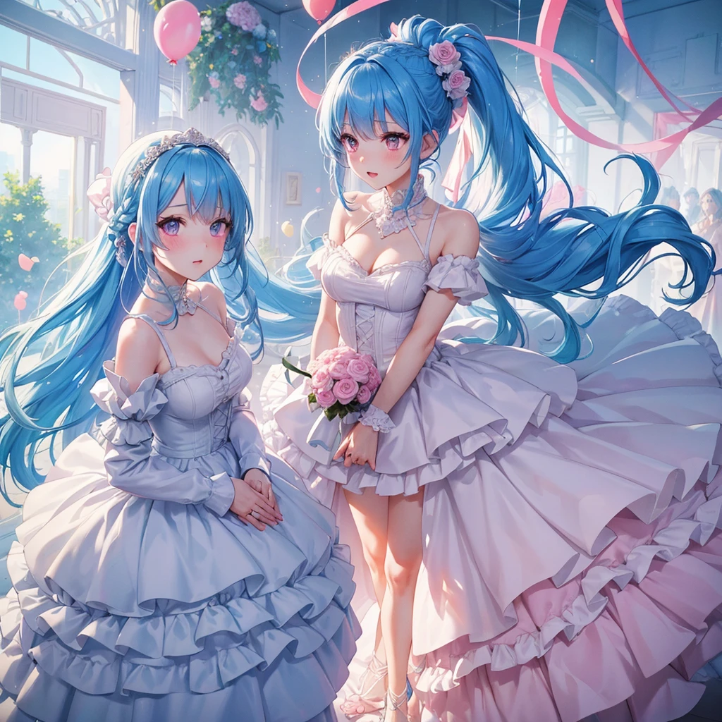 sky Blue hair, (braided ponytail),(pink eyes),fair skin ,(full body),(1 girl),bride,blush,Straight Bangs, June Bride,Wedding dress,(masterpiece, best quality, ultra-detailed, best shadow), (detailed background), (beautiful detailed face), high contrast, (best illumination, an extremely delicate and beautiful), ((cinematic light)), colorful, hyper detail, dramatic light, intricate details,Wedding hall, Balloons flying in the sky,