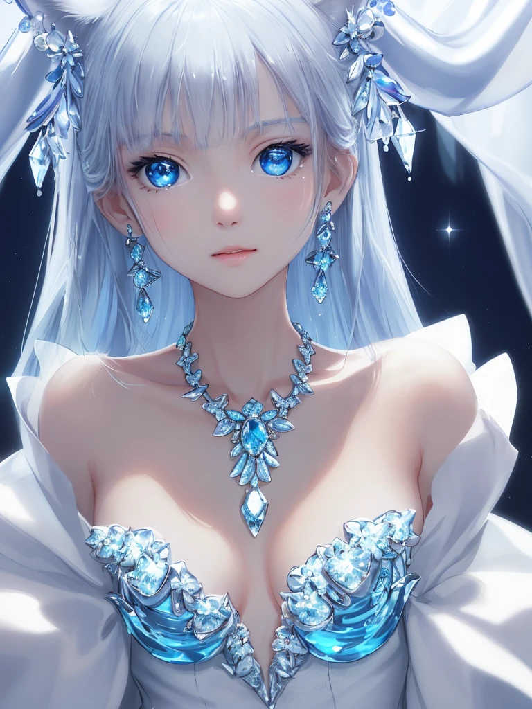 masterpiece, best quality, illustration, sax blue, platinum earrings, platinum necklace, white dress, 1girl, cute, (dynamic lighting:1.2), cinematic lighting, delicate facial features, detailed eyes, sharp pupils, realistic pupils, depth of field, bokeh, sharp focus, (hyper-detailed, bloom, glow:1.4), many small gems, cat ears