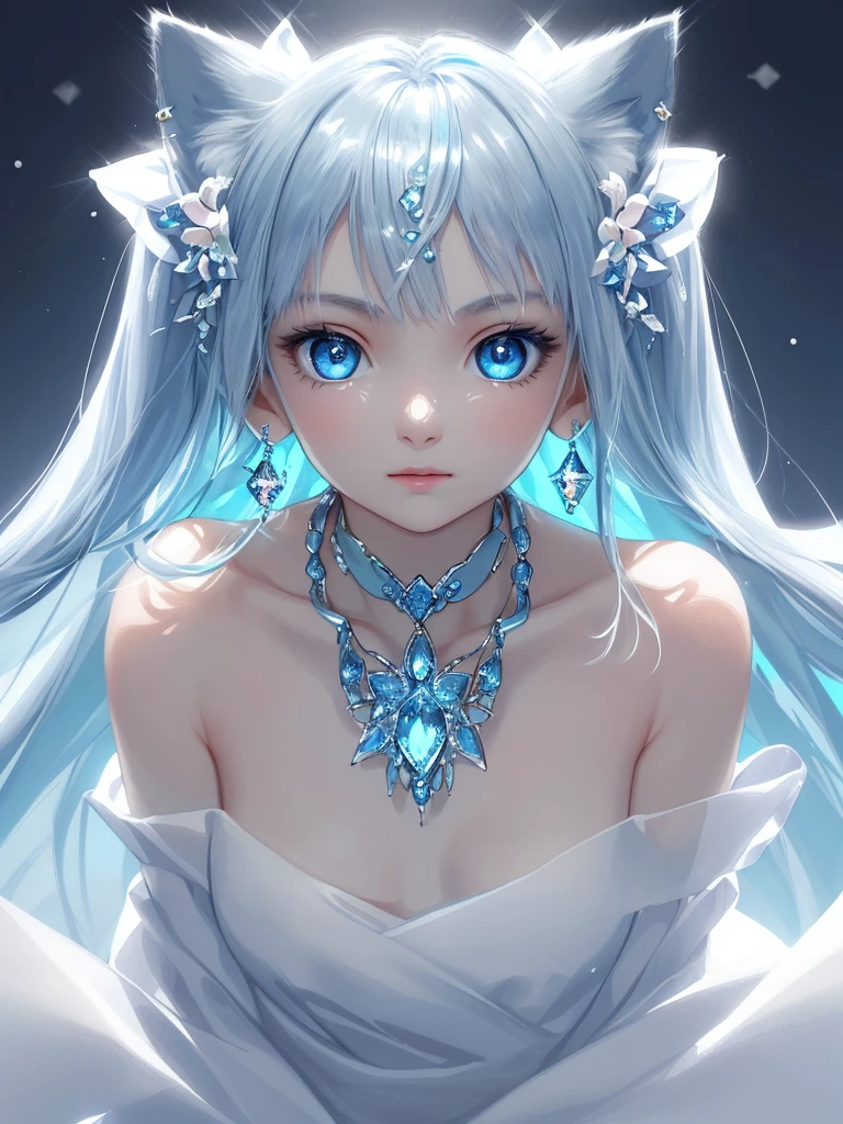 masterpiece, best quality, illustration, sax blue, platinum earrings, platinum necklace, white dress, 1girl, cute, (dynamic lighting:1.2), cinematic lighting, delicate facial features, detailed eyes, sharp pupils, realistic pupils, depth of field, bokeh, sharp focus, (hyper-detailed, bloom, glow:1.4), many small gems, cat ears