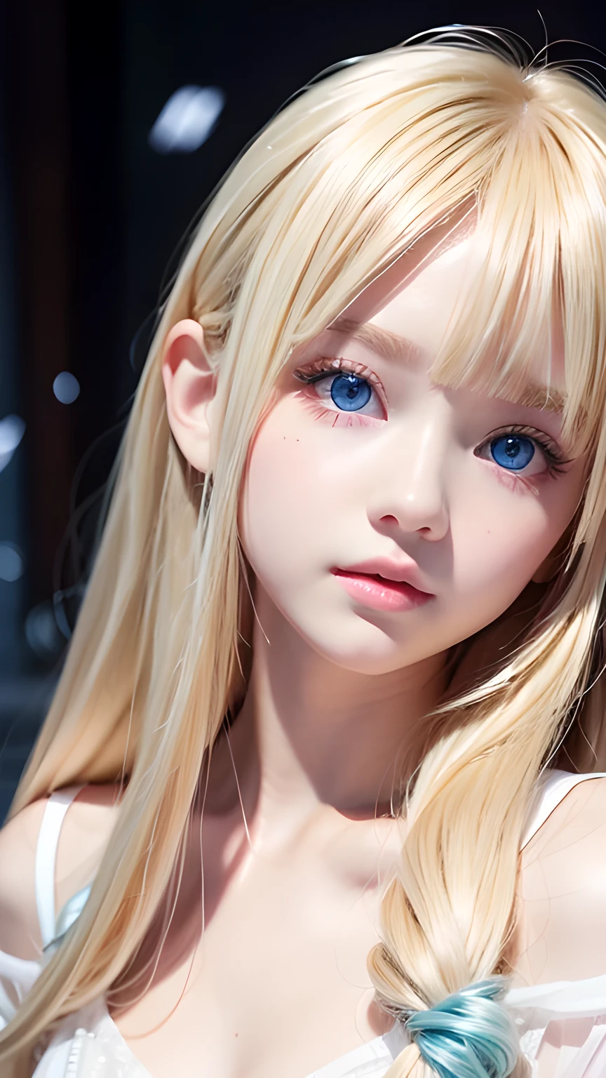 A very cute blonde beauty、Cute ************、Very beautiful bright pale light blue large eyes、Very big eyes、Gloss Face、Snow-white glossy skin、Cheek gloss highlighter、Super long hair、Ample Bust、Beautiful bangs between the eyes、Small Face Beauty、round face、eyeliner