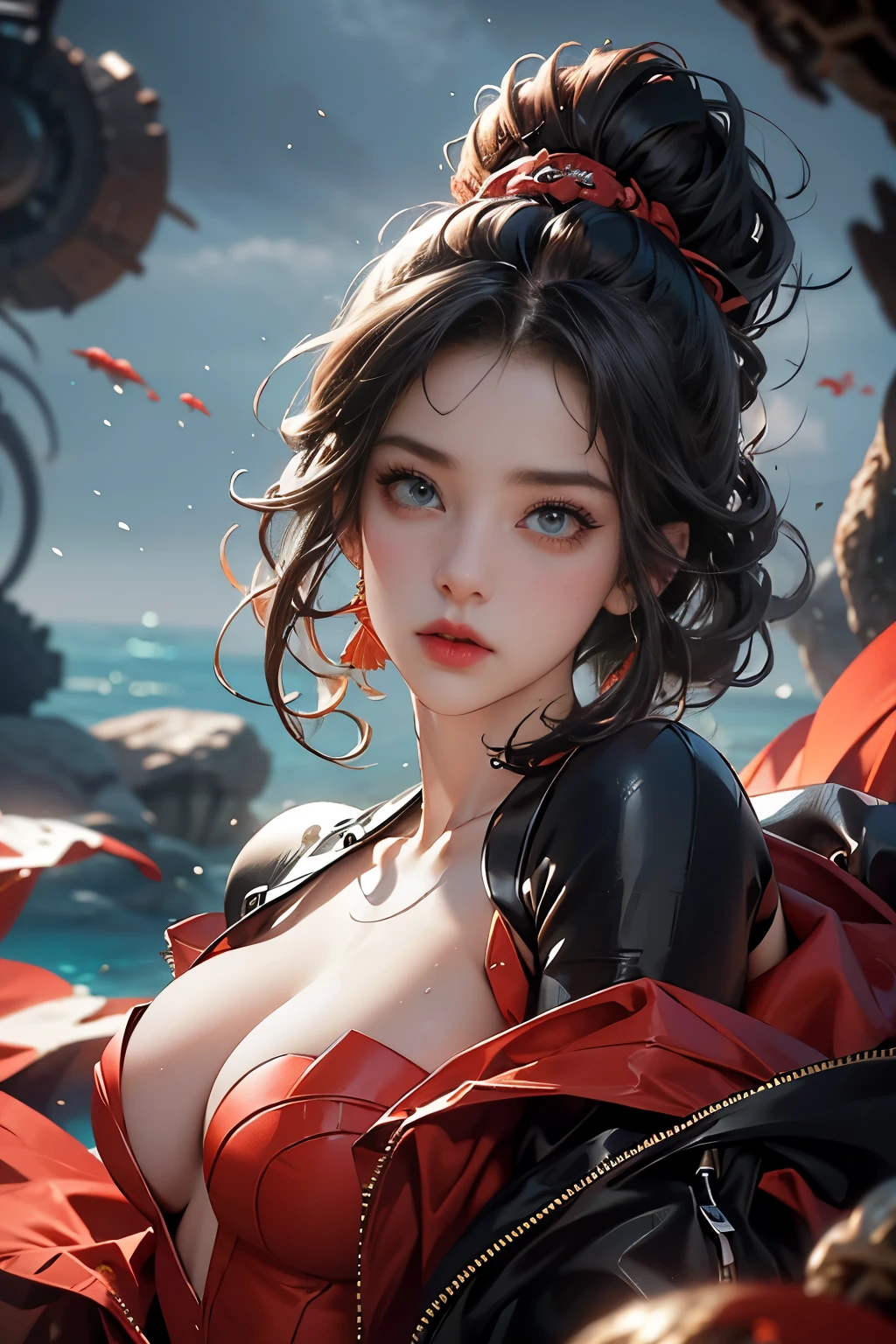 absurderes,A high resolution,ultra - detailed,1girl,solo,Extremely detailed eyes,colorfulhair,mtu,Coral eyes,,Diving_underwater_to_view_marine_life,Diving suit,Heavy breathing(panting),abyssal,dive