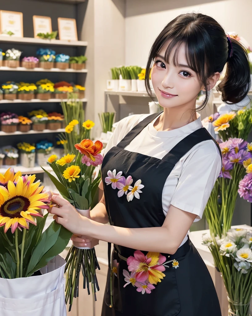 (Highest quality, 32k, High resolution, Masterpiece:1.5, ), marimo_jet, god々A photograph with brilliant dazzling and healing power., Evoking a sense of calm and elusive beauty, Expressing emotions, Have a rich imagination, Beautiful Japanese Girls, An exceptionally beautiful face, Small Face Beauty, Perfect Human Anatomy, Magical big eyes, Motherhood and generosity, Deep Love, fleeting smile, ((Shiny black hair:1.1)), ((ponytail:1.3)), Asymmetrical bangs, Hair between the eyes, Transparent, soft white skin, Sharp eyebrows, Thin lashes, Natural Makeup, Pale pink detailed lips, ((Florist clerk:1.3)), ((White apron over black T-shirt:1.3)), Slim figure with ample breasts, High resolutionの,Beautiful legs, ((A flower shop with colorful flowers on display:1.5)), Professional Lighting, Professional photographer, Professional models, god秘的
