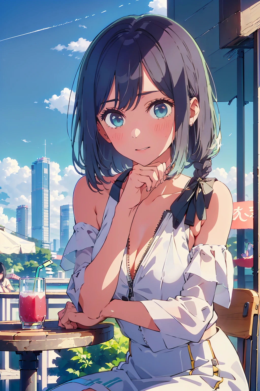 (Highest quality:1.4、8K:1.4、detailed)、F cup bust、Big Breasts、Slim body、Very white beautiful skin、((((1 person、Surprised expression、sit、Chair、In the background are the urban buildings of Tokyo、looking at the camera、Outdoor café terrace、Navy hair color、juice、table、Very cute face))))、((((nude、Areola))))、(Pose with hair tucked behind ears with both hands:1.4、Cheek resting on hand:1.4)、((Off-the-shoulder black blouson with zipper))、Nipples、Very blue sky、A completely cloudless sky