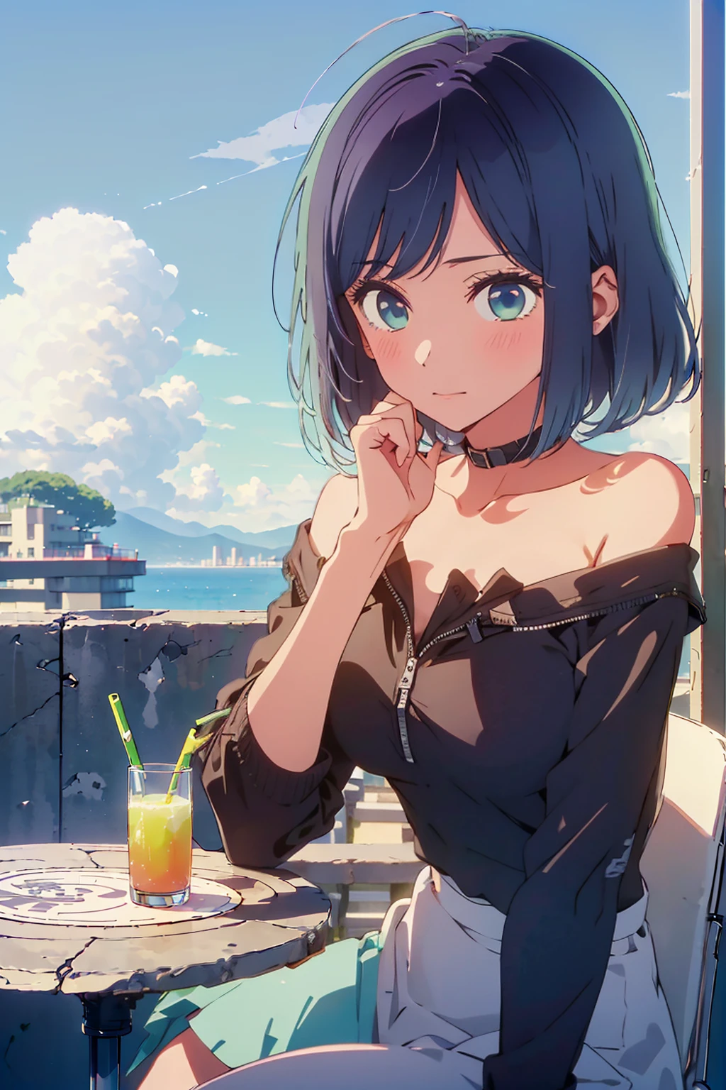 (Highest quality:1.4、8K:1.4、detailed)、F cup bust、Big Breasts、Slim body、Very white beautiful skin、((((1 person、Surprised expression、sit、Chair、In the background are the urban buildings of Tokyo、looking at the camera、Outdoor café terrace、Navy hair color、juice、table、Very cute face))))、((((nude、Areola))))、(Pose with hair tucked behind ears with both hands:1.4、Cheek resting on hand:1.4)、((Off-the-shoulder black blouson with zipper))、Nipples、Very blue sky、A completely cloudless sky