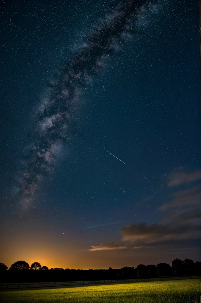 grassy field, starlit sky with fire raining down