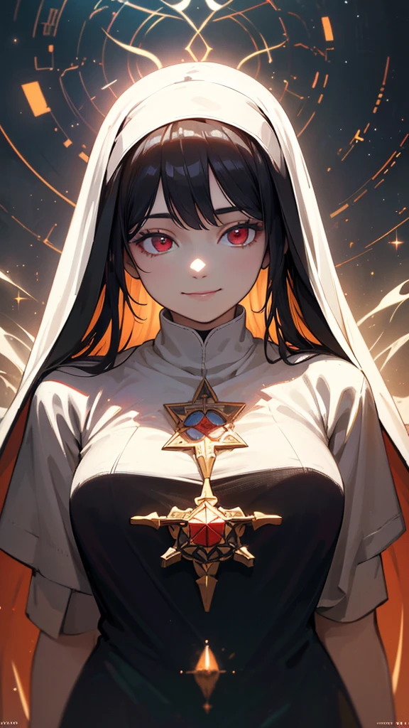 A beautiful, smiling nun in a white habit, with long black hair and red eyes, set against a background of a church, with a fantastical, ethereal atmosphere, accented by shimmering particles of light, reminiscent of stained glass, (best quality,4k,8k,highres,masterpiece:1.2),ultra-detailed,(realistic,photorealistic,photo-realistic:1.37),intricate details,highly detailed,striking colors,dramatic lighting,cinematic,captivating portrait,sacred,spiritual,divine