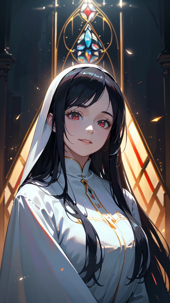 A beautiful, smiling nun in a white habit, with long black hair and red eyes, set against a background of a church, with a fantastical, ethereal atmosphere, accented by shimmering particles of light, reminiscent of stained glass, (best quality,4k,8k,highres,masterpiece:1.2),ultra-detailed,(realistic,photorealistic,photo-realistic:1.37),intricate details,highly detailed,striking colors,dramatic lighting,cinematic,captivating portrait,sacred,spiritual,divine