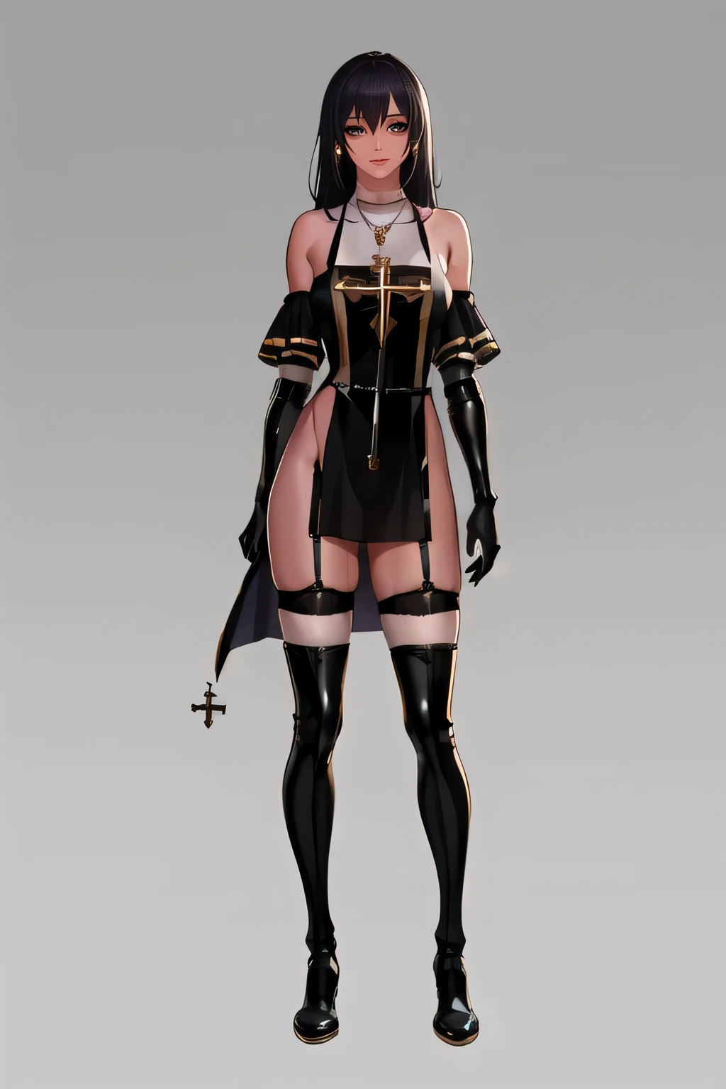 fpriest,glove, bare shoulders, black dress, thigh boots, garter strap, cross necklace,
1girl, solo,looking at viewer,
gray background,full_body, standing,
,  long hair, curly hair, middle breast, 8k, masterpieces, bestquality, ultra highres, detailed face, purple skin, evil smile, shaded face, black hair