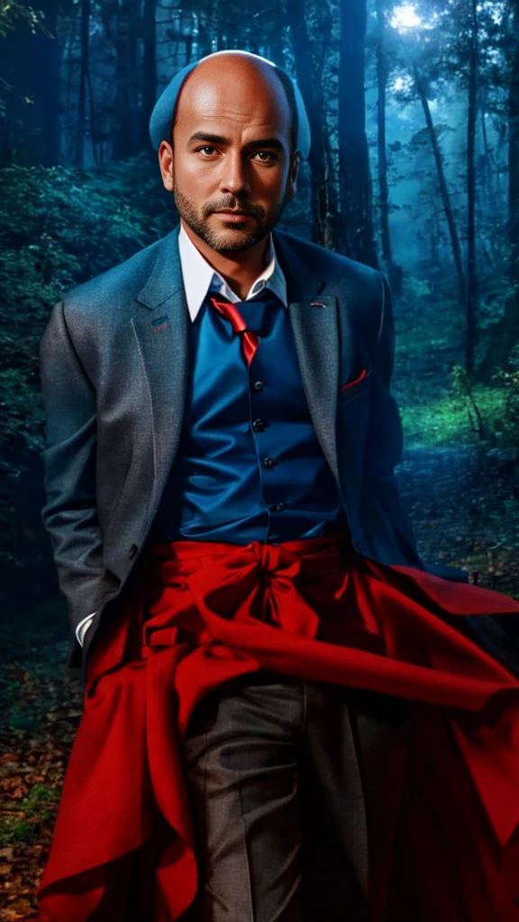 A bald man in a shirt and tie stands in the forest, Profile picture 1024px, Portrait Photography, Movie 4K wallpaper, Movie 4K wallpaper, Red and lights