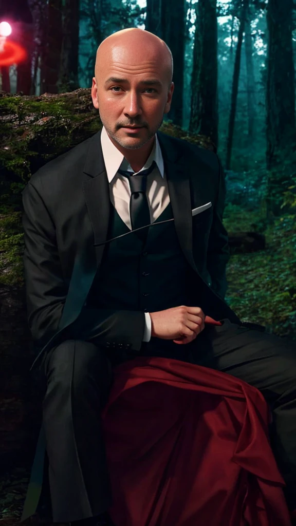 A bald man in a shirt and tie stands in the forest, Profile picture 1024px, Portrait Photography, Movie 4K wallpaper, Movie 4K wallpaper, Red and lights