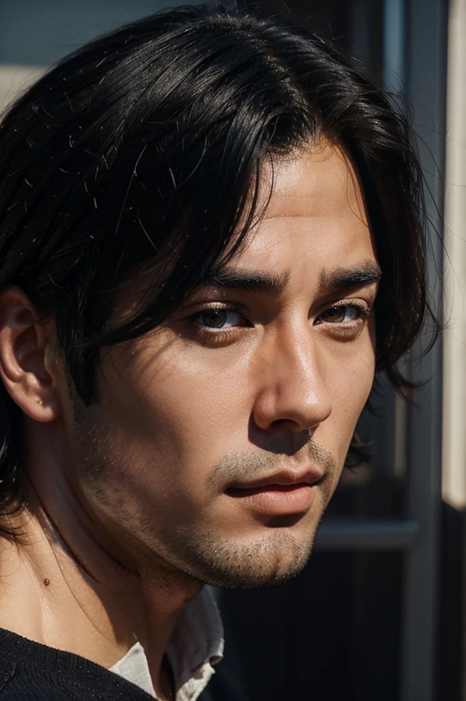 Animated realistic digital illustration of handsome black hair and amber eyes guy in half body profile