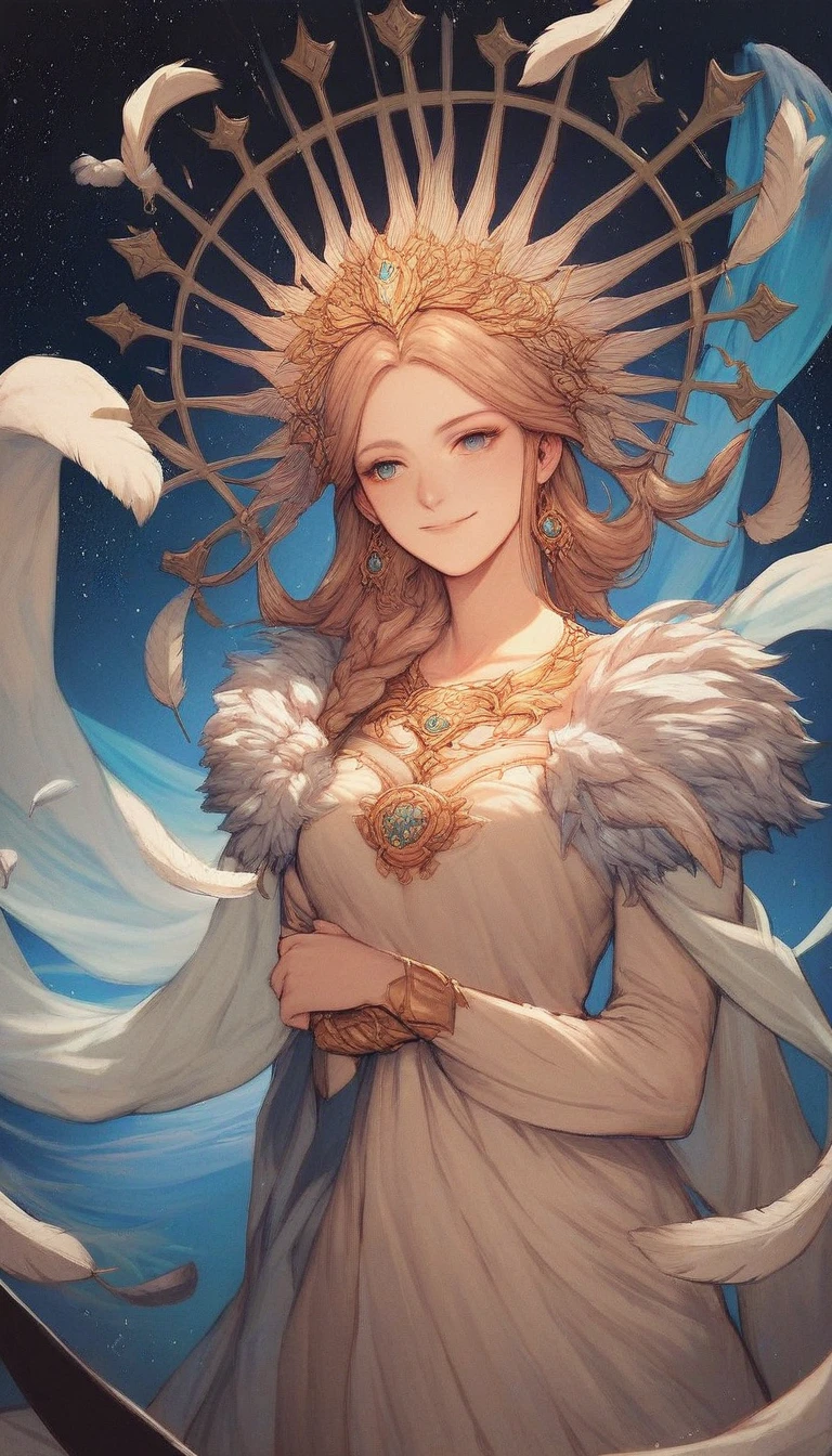 score_9, score_8_up, score_7_up, score_6_up, score_5_up, score_4_up, beautiful goddess, charming and gentle smile, feather robe, space, divine effects, rating_safe
