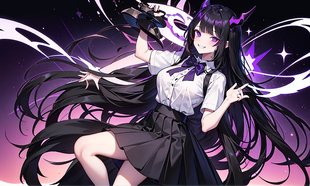 A girl with long black hair with straight bangs, with hair cut at the ends. Two large strands in the front, one bigger than the other. A rebel thread. A small white streak in your bangs. Two demon horns, one purple and one black, both with a dark purple star. one black eye and one purple eye. A purple star on your right cheek. black wide pants. All star shoe. Full white shirt with a bow tie with a star in the middle, with short sleeves. big boobies. Grinning. She is a star demon. She is standing looking at the camera. . Sex girl. malicious smile. Sex girl.