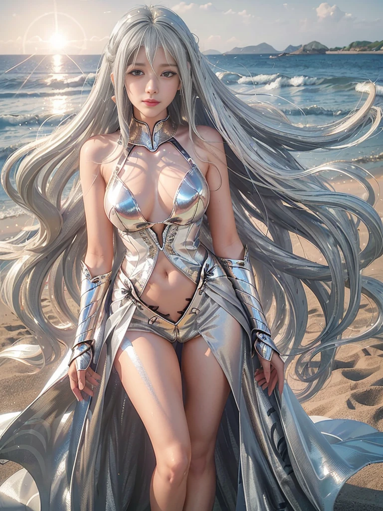 1 Girl, Super long, shiny, super straight hair that reaches down to her waist, (Silver Hair:1.8)、Long Bangs, Big, beautiful blue eyes, Long eyelashes, Compensate, smile, silhouette, Big Breasts、Wide Shot, 135mm, Canon, Accurate, Anatomically correct, Very detailed, Advanced Details, high quality, 最high quality, High resolution, 8K, (Woman walking on the beach at sunset), 逆光のsilhouette, (Transparent white lace dress), ((光を通して体のsilhouetteが見える)),(Skirt flutters in the wind)、(Very high exposure:1.8)、(Anatomically normal:1.8)、One female、