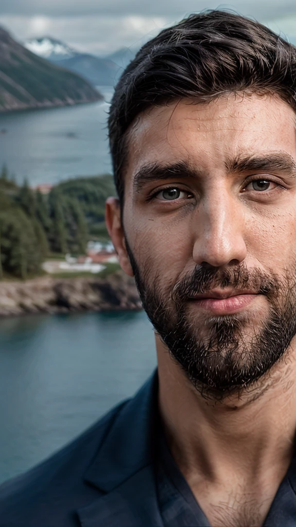 breathtaking selfie (Fares Fares) on a cliff, Fjords in background, award winning, professional, studio light, natural lighting, 4k uhd, dslr, soft lighting, high quality, Fujifilm XT3