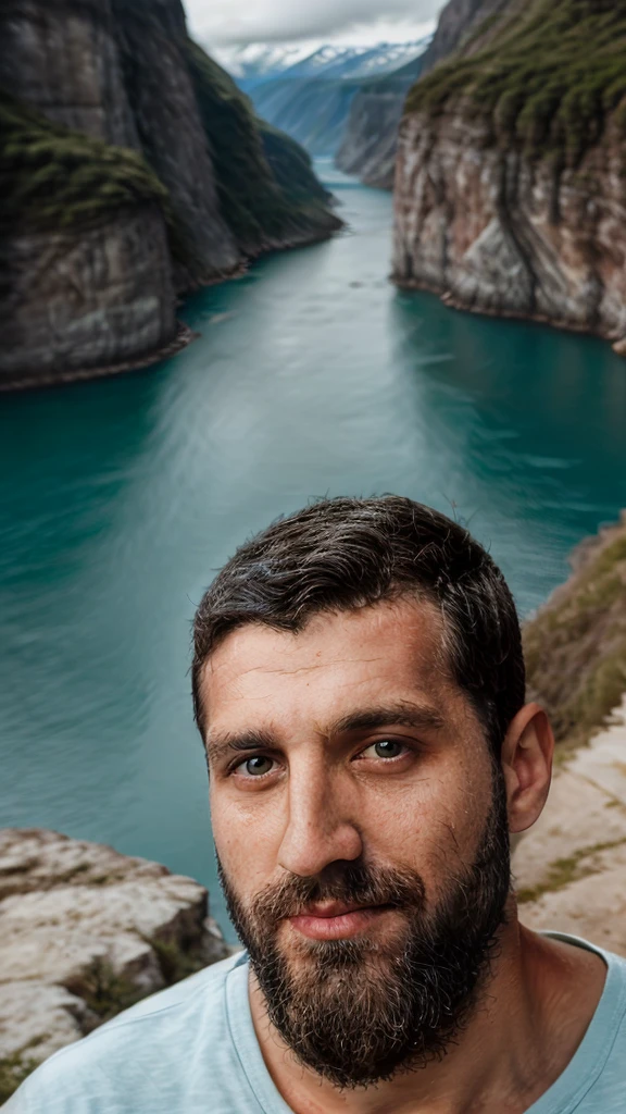 breathtaking selfie (Fares Fares) on a cliff, Fjords in background, award winning, professional, studio light, natural lighting, 4k uhd, dslr, soft lighting, high quality, Fujifilm XT3