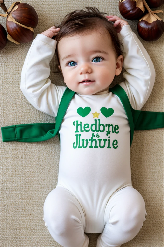 Chestnut baby, White, green eyes, cute and with a bodysuit that says "Today we inaugurate the first Father's Day"