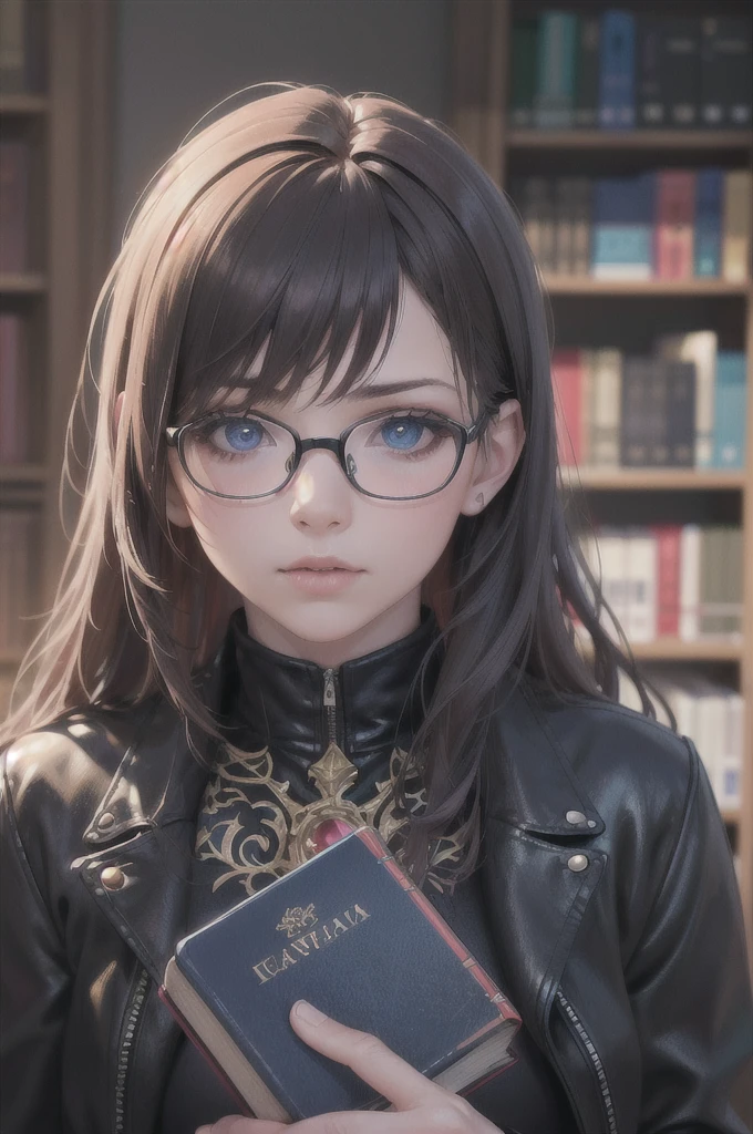 1girl, magical girl, holding book, blue eyes, red long hair, black long dress, black leather jacket, library, glasses, (best quality,4k,8k,highres,masterpiece:1.2),ultra-detailed,(realistic,photorealistic,photo-realistic:1.37),intricate details,highly detailed,cinematic lighting,vibrant colors,dramatic atmosphere