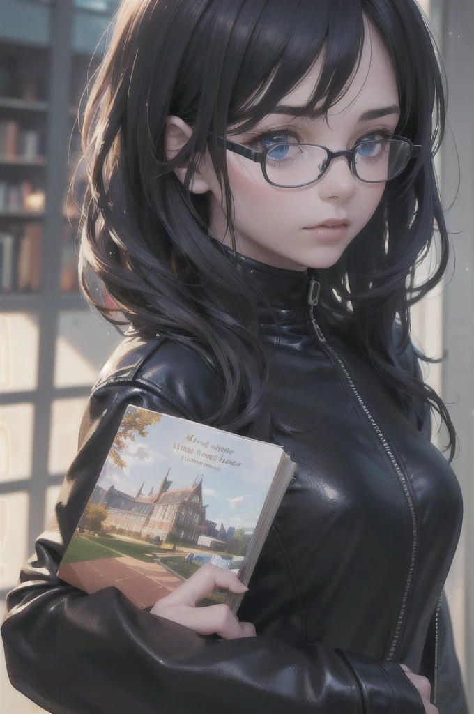 1girl, magical girl, holding book, blue eyes, red long hair, black long dress, black leather jacket, library, glasses, (best quality,4k,8k,highres,masterpiece:1.2),ultra-detailed,(realistic,photorealistic,photo-realistic:1.37),intricate details,highly detailed,cinematic lighting,vibrant colors,dramatic atmosphere