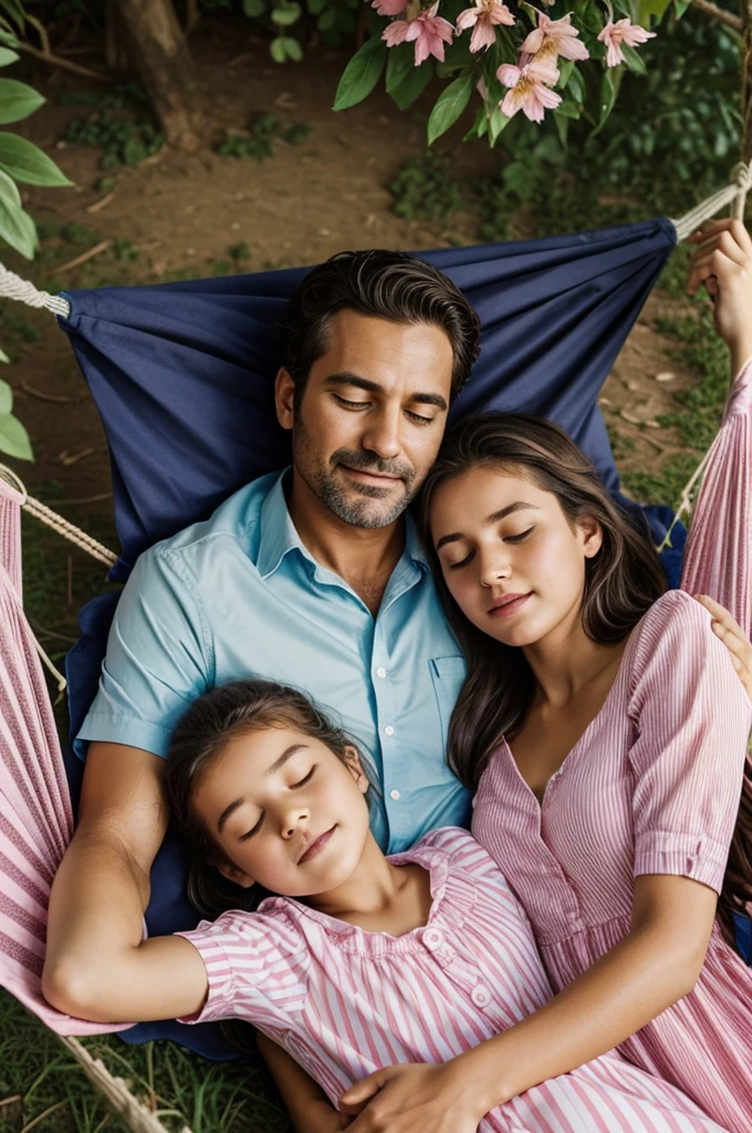 A father and a daughter lying in a hammock sleeping and in the background some bright stars that it is night and below like a grass full of flowers and the mother and the daughter and the father close their eyes and are hugging each other lying on the hammock the daughter has to have a pink dress with flowers and the father has to have a striped shirt with brown pants and a sign that says good night daddy