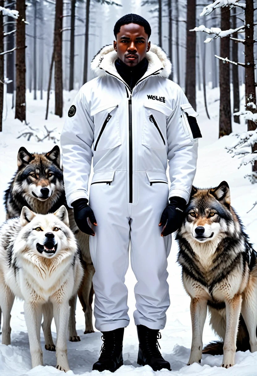 black man in a white trapper suit with wolves around him
