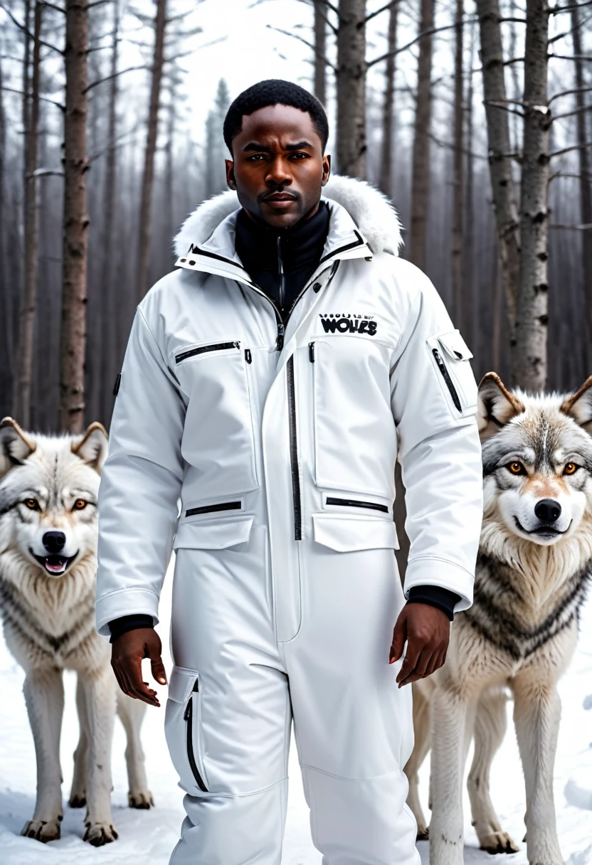 black man in a white trapper suit with wolves around him